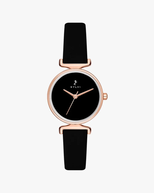 Sylvi Velvetine Black-Rosegold-Black Leather Strap Watch for Women